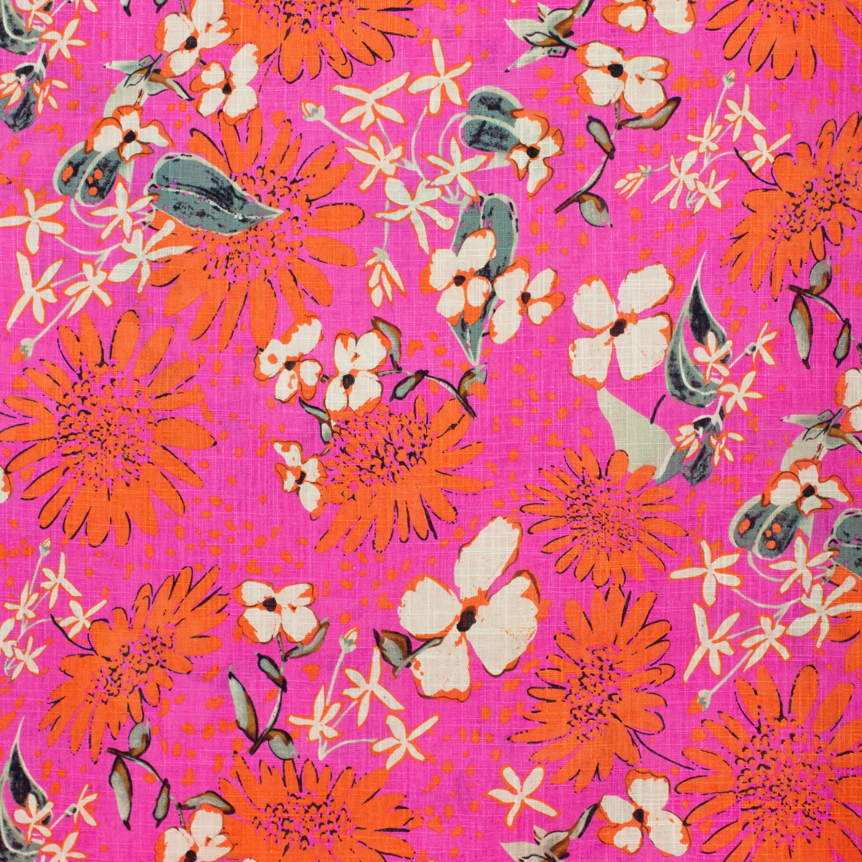 Fuchsia viscose linnen met oranje / ecru bloemen
